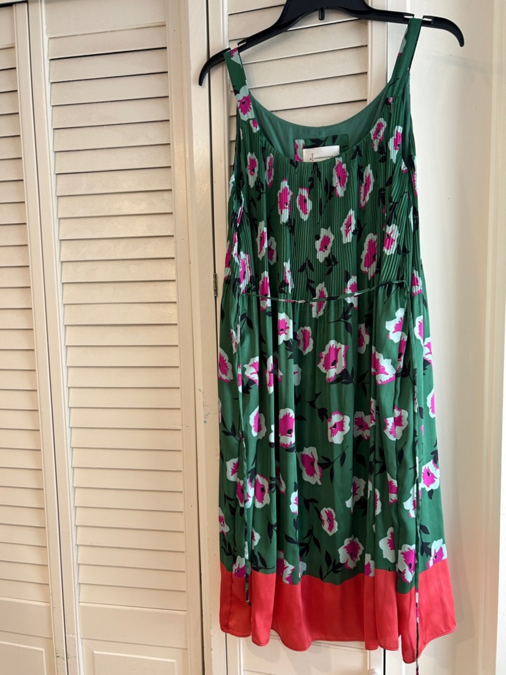 Anthropologie Green Floral Midi Dress with Pink Border